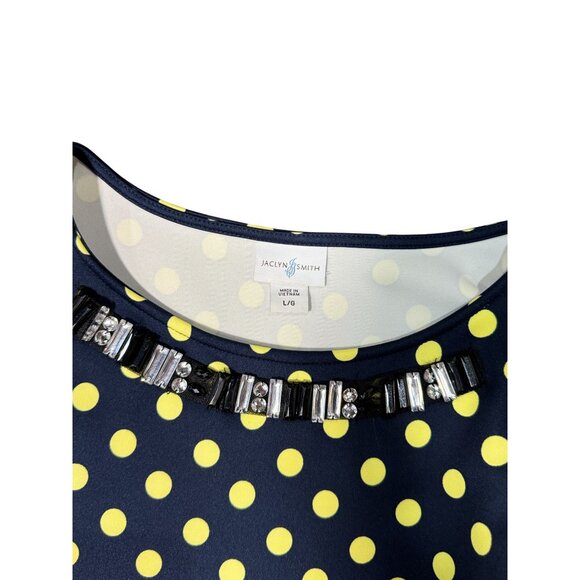 NEW Jaclyn Smith Womens Beaded Polka Dot Top L 3/4 Sleeve Navy/Yellow Stretch - Picture 7 of 10